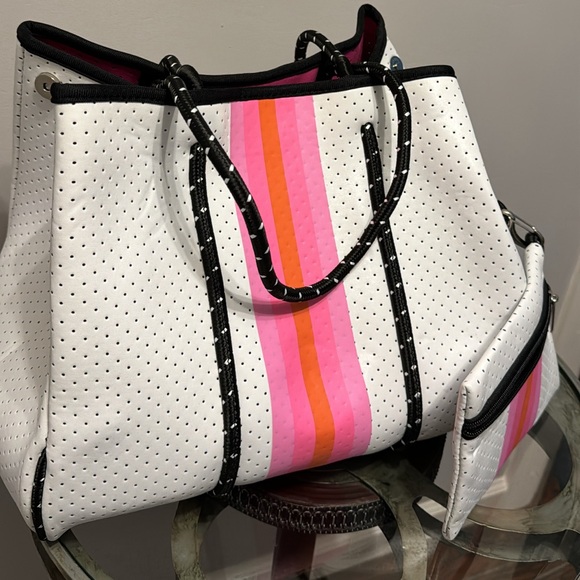 NEOPRENE TOTE, White with Pink & Orange Stripe, detachable pouch, beach tote - Picture 9 of 12